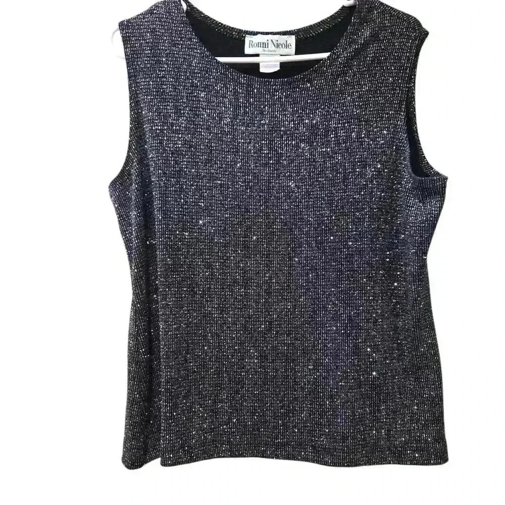 Vintage Ronni Nicole Sleeveless Top Glittery Black Size XL #198